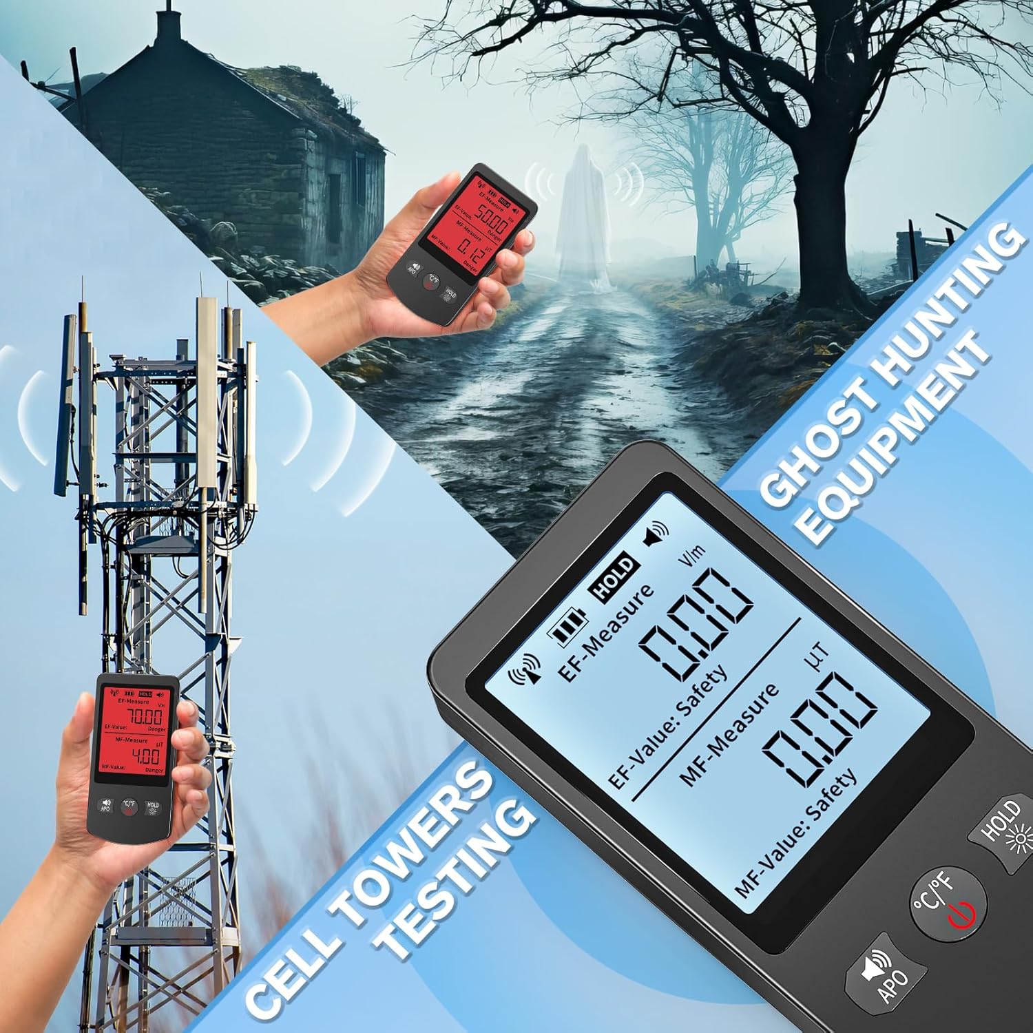 COLOR TREE EMF Meter Rechargeable Electromagnetic Field Upgrated 3-in-1 Radiation Detector Handheld Digital LCD Temperature Measure - Tester for Home Inspections - Outdoor and Ghost Hunting