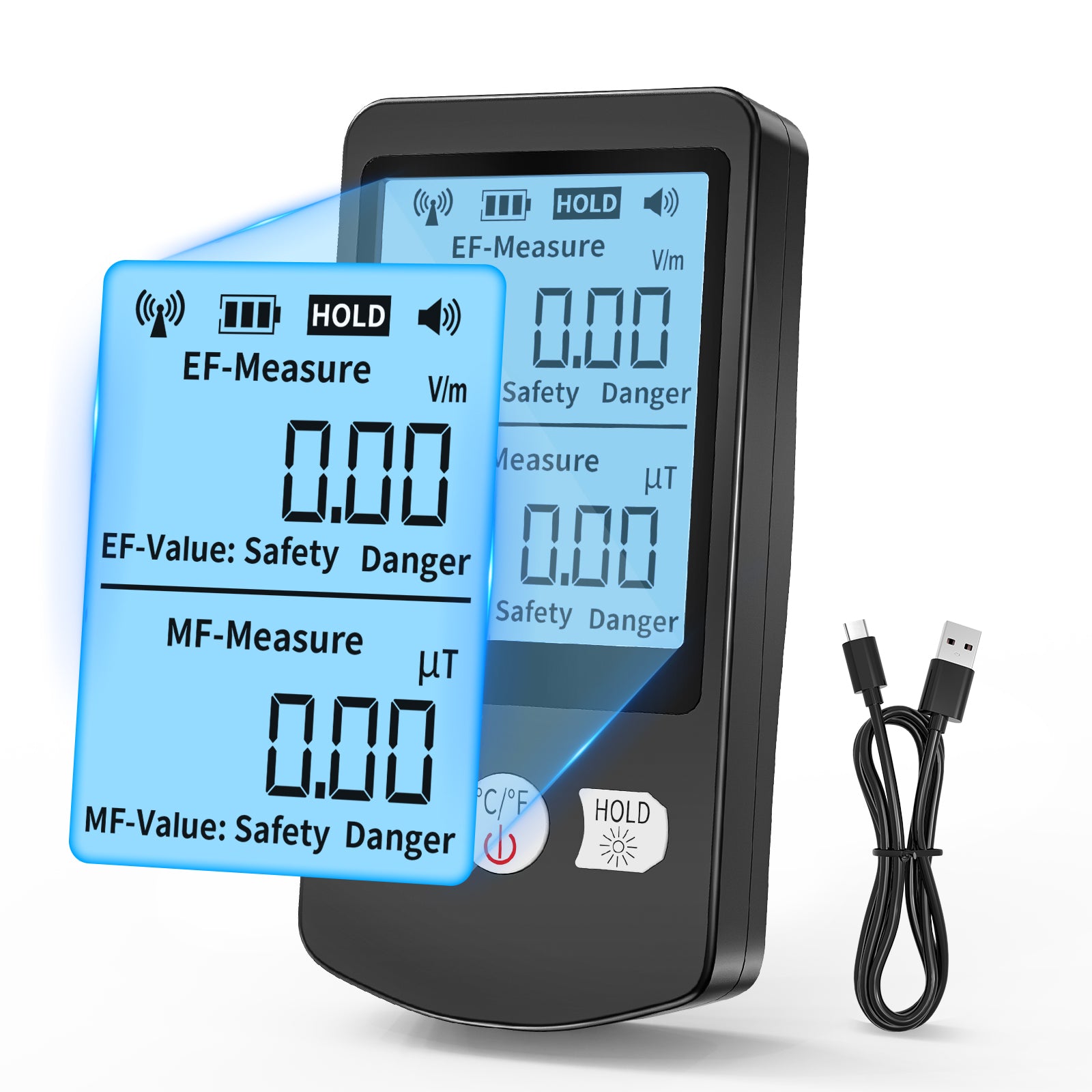 COLOR TREE EMF Meter Rechargeable Electromagnetic Field Upgrated 3-in-1 Radiation Detector Handheld Digital LCD Temperature Measure - Tester for Home Inspections - Outdoor and Ghost Hunting (White Button)