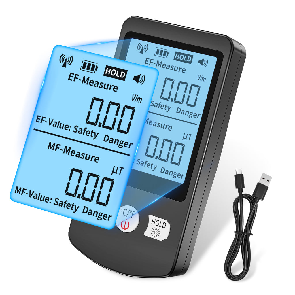 COLOR TREE EMF Meter Rechargeable Electromagnetic Field Upgrated 3-in-1 Radiation Detector Handheld Digital LCD Temperature Measure - Tester for Home Inspections - Outdoor and Ghost Hunting (White Button)
