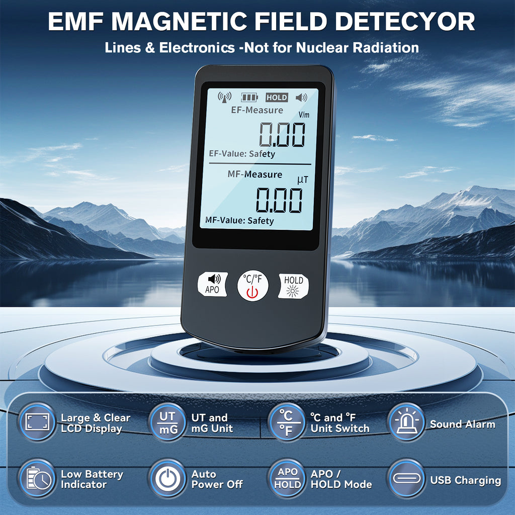 COLOR TREE EMF Meter Rechargeable Electromagnetic Field Upgrated 3-in-1 Radiation Detector Handheld Digital LCD Temperature Measure - Tester for Home Inspections - Outdoor and Ghost Hunting (White Button)