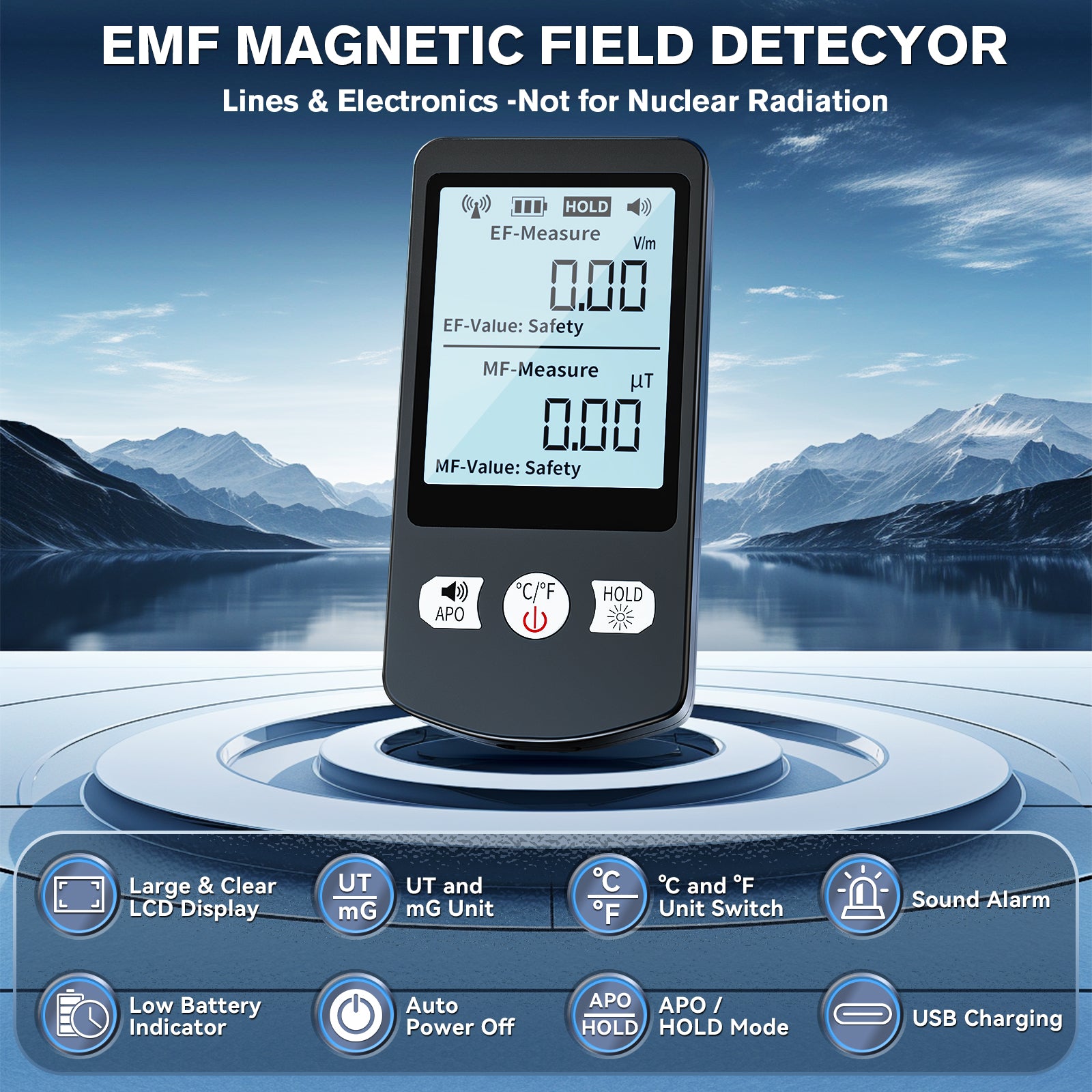COLOR TREE EMF Meter Rechargeable Electromagnetic Field Upgrated 3-in-1 Radiation Detector Handheld Digital LCD Temperature Measure - Tester for Home Inspections - Outdoor and Ghost Hunting (White Button)