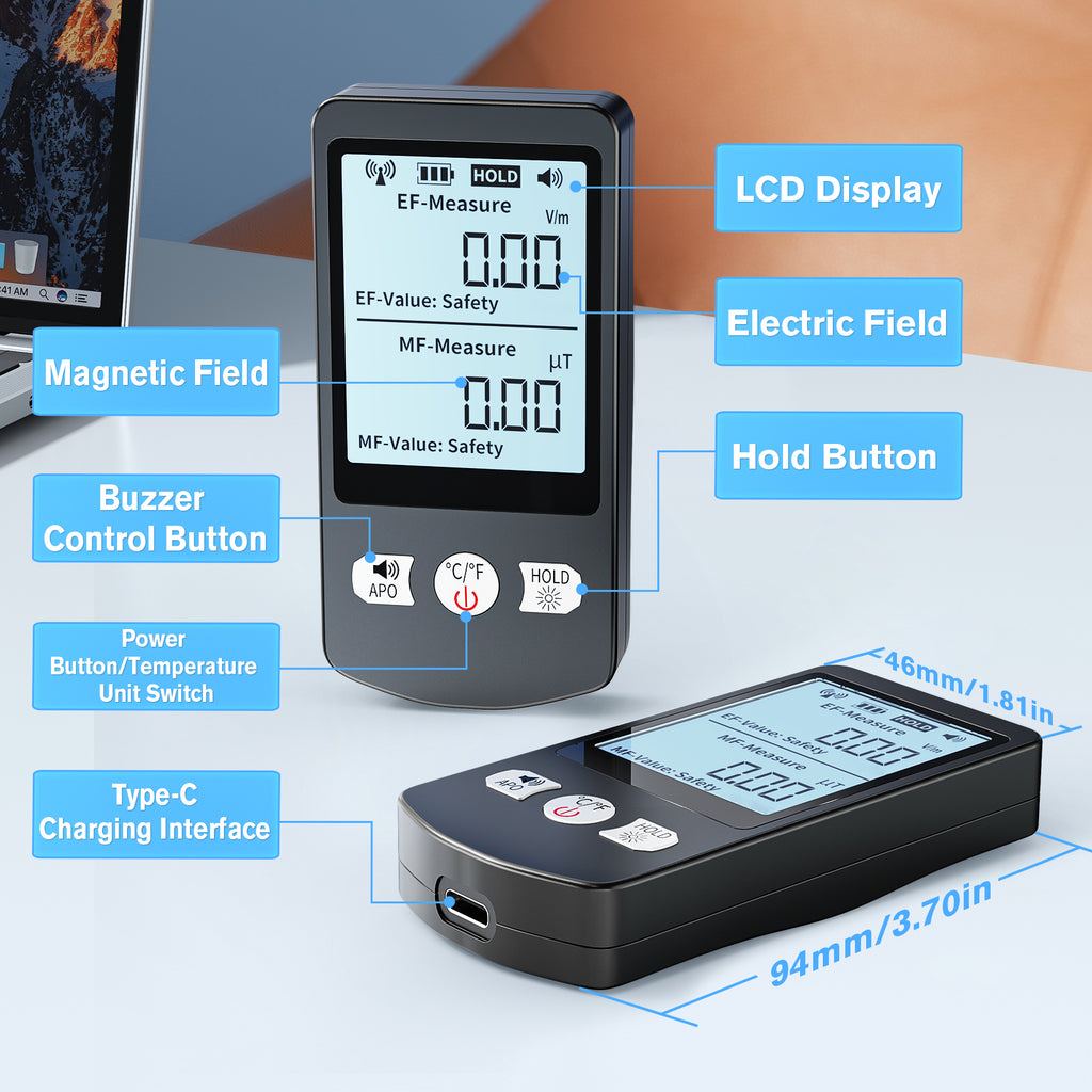 COLOR TREE EMF Meter Rechargeable Electromagnetic Field Upgrated 3-in-1 Radiation Detector Handheld Digital LCD Temperature Measure - Tester for Home Inspections - Outdoor and Ghost Hunting (White Button)